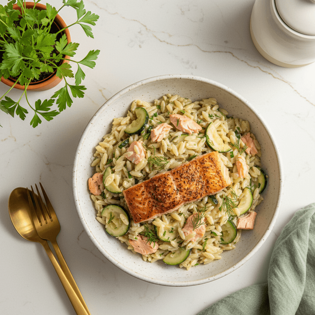 Orzo crémeux saumon courgette