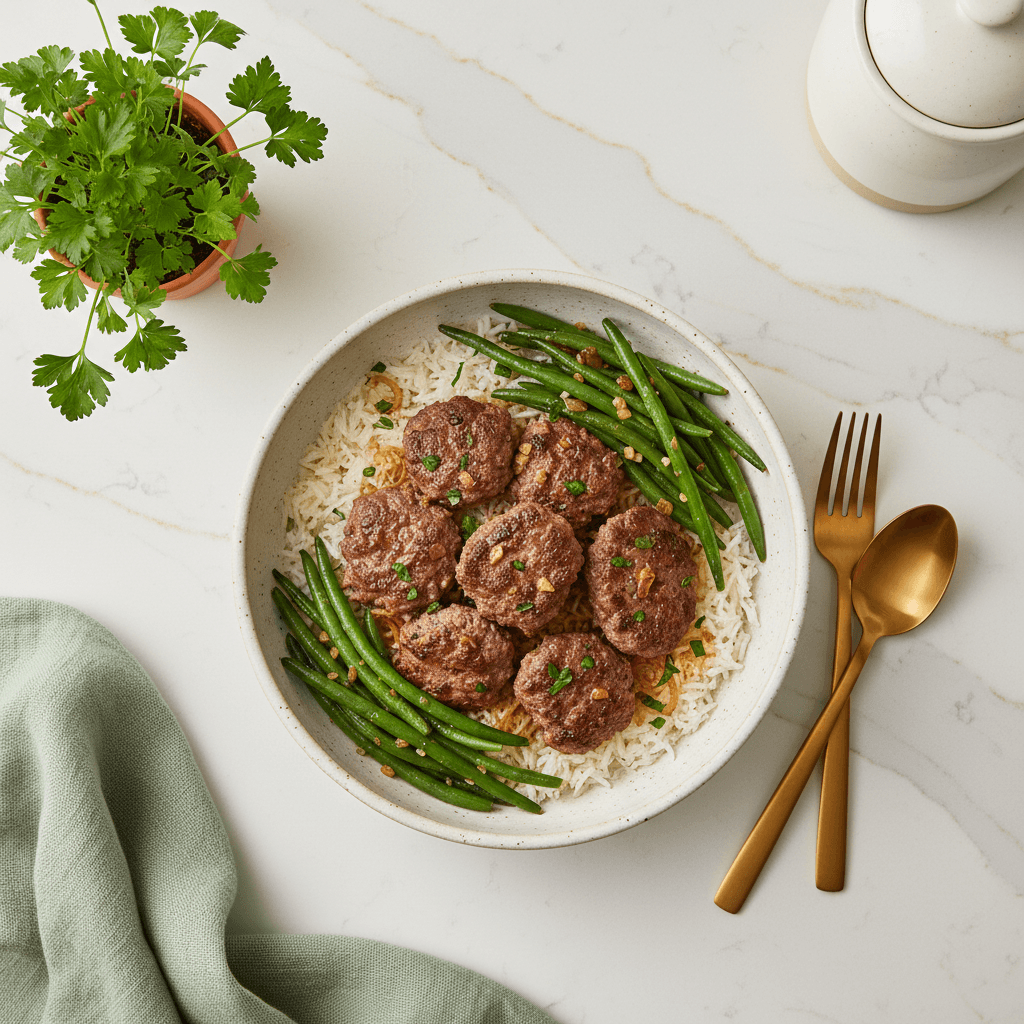 Steak haché riz et haricots verts